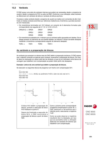 Manual de program a çä o

13.2      Variáveis

       O CNC possui uma série de variáveis internas que podem ser acessadas desde o programa de
       usuário, desde o programa do PLC ou pela via DNC. Conforme a sua utilização, estas variáveis
       se diferenciam em variáveis de leitura e variáveis de leitura-escritura.

       O acesso a estas variáveis desde o programa de usuário se realiza com comandos de alto nível.
       Cada um destas variáveis será feita sua referencia mediante seu mnemônico, que deve escrever-
       se com maiúsculas.
        • Os mnemônicos terminados em X-C indicam um conjunto de 9 elementos formados pela
          correspondente raiz seguida de X, Y, Z, U, V, W, A, B e C.
          ORG(X-C) -> ORGX             ORGY            ORGZ
                                                                                                                                                      13.




                                                                                                                                                      Variáveis
                                                                                                             PROGRAMAÇÃO EM LINGUAGEM DE ALTO NIVEL
                        ORGU           ORGV            ORGW
                        ORGA           ORGB            ORGC
        • Os mnemônicos acabados em n indicam que as variáveis estão agrupadas em tabelas. Se se
          deseja acessar um elemento de uma destas tabelas, se indicará o campo da tabela desejada
          mediante o mnemônico correspondente seguido do elemento desejado.
          TORn ->       TOR1           TOR3            TOR11



       As variáveis e a preparação de blocos

       As variáveis que acessam os valores reais do CNC detêm a preparação de blocos. O CNC espera
       que o referido comando se execute para começar novamente a preparação de blocos. Por isso,
       se deve ter precaução ao utilizar este tipo de variáveis, já que se se intercalam entre blocos de
       usinagem que trabalhem com compensação se podem obter perfis não desejados.

       Exemplo: Leitura de uma variável que detém a preparação de blocos.

       Se executam os seguintes blocos de programa num trecho com compensação G41.
          ...
          N10   X50 Y80
          N15   (P100 = POSX); Atribui ao parâmetro P100 o valor da cota real em X.
          N20   X50 Y50
          N30   X80 Y50
          ...




              O bloco N15 detém a preparação de          Como o próximo ponto correspondente
              blocos, portanto a execução do bloco       à trajetória compensada é o ponto "B", o
              N10 finalizará no ponto A.                 CNC deslocará a ferramenta até o
                                                         referido ponto, executando a trajetória           CNC 8055
              Depois de finalizada a execução do         "A-B".
              bloco N15, o CNC continuará a                                                                CNC 8055i
              preparação de blocos a partir do bloco     Como se pode observar a trajetória
              N20.                                       resultante não é a desejada, por isso
                                                         que se aconselha evitar a utilização
                                                         deste tipo de variáveis em trechos que
                                                                                                           MODELOS ·M· & ·EN·
                                                         trabalhem com compensação.                          SOFT: V01.3X




                                                                                                                                                      ·333·
 