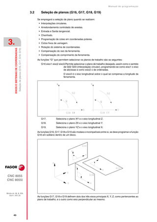 Manual de programaçäo

                                                                                    3.2      Seleção de planos (G16, G17, G18, G19)

                                                                                          Se empregará a seleção de plano quando se realizem:
                                                                                           • Interpolações circulares.
                                                                                           • Arredondamento controlado de arestas.
                                                                                           • Entrada e Saída tangencial.
                                                                                           • Chanfrado.
                                                                                           • Programação de cotas em coordenadas polares.
 3.                                                                                        • Ciclos fixos de usinagem.
                                                                                           • Rotação do sistema de coordenadas.
         EIXOS E SISTEMAS DE COORDENADAS
                                           Seleção de planos (G16, G17, G18, G19)




                                                                                           • Compensação do raio da ferramenta.
                                                                                           • Compensação do comprimento da ferramenta.

                                                                                          As funções "G" que permitem selecionar os planos de trabalho são as seguintes:
                                                                                             G16 eixo1 eixo2 eixo3.Permite selecionar o plano de trabalho desejado, assim como o sentido
                                                                                                                 de G02 G03 (interpolação circular), programando-se como eixo1 o eixo
                                                                                                                 de abcissas e como eixo2 o de ordenadas.
                                                                                                                  O eixo3 é o eixo longitudinal sobre o qual se compensa a longitude da
                                                                                                                  ferramenta.




                                                                                             G17.          Seleciona o plano XY e o eixo longitudinal Z.
                                                                                             G18.          Seleciona o plano ZX e o eixo longitudinal Y.
                                                                                             G19.          Seleciona o plano YZ e o eixo longitudinal X.

                                                                                          As funções G16, G17, G18 e G19 são modais e incompatíveis entre si, se deve programar a função
                                                                                          G16 em solitário dentro de um bloco.




CNC 8055
CNC 8055i



MODELOS ·M· & ·EN·
  SOFT: V01.3X
                                                                                          As funções G17, G18 e G19 definem dois dos três eixos principais X, Y, Z, como pertencentes ao
                                                                                          plano de trabalho, e o outro como eixo perpendicular ao mesmo.




       ·40·
 