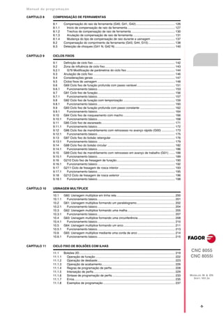 Manual de program a çä o

CAPÍTULO 8     COMPENSAÇÃO DE FERRAMENTAS

               8.1        Compensação do raio da ferramenta (G40, G41, G42)............................................... 126
               8.1.1        Inicio de compensação de raio da ferramenta ......................................................... 127
               8.1.2        Trechos de compensação de raio de ferramenta .................................................... 130
               8.1.3        Anulação de compensação de raio de ferramenta .................................................. 131
               8.1.4        Mudança do tipo de compensação de raio durante a usinagem ............................. 137
               8.2        Compensação do comprimento da ferramenta (G43, G44, G15)................................ 138
               8.3        Detecção de choques (G41 N, G42 N) ........................................................................ 140


CAPÍTULO 9     CICLOS FIXOS

               9.1        Definição de ciclo fixo .................................................................................................. 142
               9.2        Zona de influência de ciclo fixo.................................................................................... 143
               9.2.1        G79 Modificação de parâmetros do ciclo fixo .......................................................... 144
               9.3        Anulação de ciclo fixo .................................................................................................. 146
               9.4        Considerações gerais .................................................................................................. 147
               9.5        Ciclos fixos de usinagem ............................................................................................. 148
               9.6        G69 Ciclo fixo de furação profunda com passo variável.............................................. 151
               9.6.1        Funcionamento básico. ............................................................................................ 153
               9.7        G81 Ciclo fixo de furação............................................................................................. 156
               9.7.1        Funcionamento básico. ............................................................................................ 157
               9.8        G82 Ciclo fixo de furação com temporização .............................................................. 159
               9.8.1        Funcionamento básico. ............................................................................................ 160
               9.9        G83 Ciclo fixo de furação profunda com passo constante .......................................... 162
               9.9.1        Funcionamento básico. ............................................................................................ 164
               9.10       G84 Ciclo fixo de rosqueamento com macho .............................................................. 166
               9.10.1       Funcionamento básico. ............................................................................................ 168
               9.11       G85 Ciclo fixo de escareado........................................................................................ 171
               9.11.1       Funcionamento básico. ............................................................................................ 172
               9.12       G86 Ciclo fixo de mandrilamento com retrocesso no avanço rápido (G00) ................ 173
               9.12.1       Funcionamento básico. ............................................................................................ 175
               9.13       G87 Ciclo fixo do bolsão retangular............................................................................. 176
               9.13.1       Funcionamento básico. ............................................................................................ 179
               9.14       G88 Ciclo fixo do bolsão circular ................................................................................. 182
               9.14.1       Funcionamento básico. ............................................................................................ 186
               9.15       G89 Ciclo fixo de mandrilamento com retrocesso em avanço de trabalho (G01) ....... 188
               9.15.1       Funcionamento básico. ............................................................................................ 189
               9.16       G210 Ciclo fixo de fresagem de furação...................................................................... 190
               9.16.1       Funcionamento básico. ............................................................................................ 192
               9.17       G211 Ciclo de fresagem de rosca interior ................................................................... 193
               9.17.1       Funcionamento básico. ............................................................................................ 195
               9.18       G212 Ciclo de fresagem de rosca exterior .................................................................. 196
               9.18.1       Funcionamento básico. ............................................................................................ 198


CAPÍTULO 10    USINAGEM MULTÍPLICE

               10.1       G60: Usinagem multíplice em linha reta ...................................................................... 200
               10.1.1       Funcionamento básico. ............................................................................................ 201
               10.2       G61: Usinagem multíplice formando um paralelogramo.............................................. 202
               10.2.1       Funcionamento básico. ............................................................................................ 204
               10.3       G62: Usinagem multíplice formando uma malha......................................................... 205
               10.3.1       Funcionamento básico. ............................................................................................ 207
               10.4       G63: Usinagem multíplice formando uma circunferência ............................................ 208
               10.4.1       Funcionamento básico. ............................................................................................ 210
               10.5       G64: Usinagem multíplice formando um arco.............................................................. 211
               10.5.1       Funcionamento básico. ............................................................................................ 213
               10.6       G65: Usinagem multíplice mediante uma corda de arco ............................................. 214
               10.6.1       Funcionamento básico. ............................................................................................ 215


CAPÍTULO 11    CICLO FIXO DE BOLSÕES COM ILHAS

               11.1   Bolsões 2D................................................................................................................... 219
                                                                                                                                                             CNC 8055
               11.1.1   Operação de furação ............................................................................................... 222              CNC 8055i
               11.1.2   Operação de desbaste............................................................................................. 223
               11.1.3   Operação de acabamento........................................................................................ 226
               11.1.4   Regras de programação de perfis............................................................................ 228
               11.1.5   Interseção de perfis.................................................................................................. 229
               11.1.6   Sintaxe de programação de perfis ........................................................................... 233                     MODELOS ·M· & ·EN·
               11.1.7   Erros......................................................................................................................... 235     SOFT: V01.3X
               11.1.8   Exemplos de programação ...................................................................................... 237




                                                                                                                                                                    ·5·
 