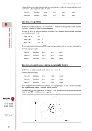 Manual de programaçäo

                                                                     Independentemente do plano selecionado, se manterá sempre a ordem de programação dos eixos,
                                                                     assim como a das respectivas cotas do centro.

                                                                         Plano AY:        G02(G03)        Y±5.5          A±5.5           J±6.5           I±6.5

                                                                         Plano XU:        G02(G03)        X±5.5          U±5.5           I±6.5           I±6.5




                                                                     Coordenadas polares

 6.                                                                  Será necessário definir o ângulo a ser percorrido Q e a distância desde o ponto de partida ao centro
                                                                     (opcional), conforme os eixos do plano de trabalho.
         CONTROLE DA TRAJETÓRIA
                                  Interpolação circular (G02, G03)




                                                                     As cotas do centro se definirão mediante as letras I, J ou K, estando cada uma delas associada
                                                                     aos eixos do seguinte modo:

                                                                         Eixos X, U, A         ==>    I

                                                                         Eixos Y, V, B         ==>    J

                                                                         Eixos Z, W, C         ==>    K

                                                                     Se não se define o centro do arco, o CNC interpretará que este coincide com a origem polar vigente.

                                                                     Formato de programação:

                                                                         Plano XY:       G02(G03)     Q±5.5          I±6.5          J±6.5

                                                                         Plano ZX:       G02(G03)     Q±5.5          I±6.5          K±6.5

                                                                         Plano YZ:       G02(G03)     Q±5.5          J±6.5          K±6.5




                                                                     Coordenadas cartesianas com programação de raio

                                                                     Se definirão as coordenadas do ponto final do arco e o raio R.

                                                                     Formato de programação:

                                                                         Plano XY:       G02(G03)     X±5.5          Y±5.5          R±6.5

                                                                         Plano ZX:       G02(G03)     X±5.5          Z±5.5          R±6.5

                                                                         Plano YZ:       G02(G03)     Y±5.5          Z±5.5          R±6.5

                                                                     Se se programa uma circunferência completa, com a programação de raio, o CNC visualizará o
                                                                     erro correspondente, devido a existirem infinitas soluções.

                                                                     Se o arco da circunferência é menor do que 180º, o raio se programará com sinal positivo e se é
                                                                     maior do que 180º o sinal do raio será negativo.




CNC 8055
CNC 8055i



MODELOS ·M· & ·EN·
  SOFT: V01.3X




       ·82·
 