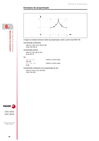 Manual de programaçäo

                                                                     Exemplos de programação




 6.
         CONTROLE DA TRAJETÓRIA
                                  Interpolação circular (G02, G03)




                                                                     A seguir se analisam diversos modos de programação, sendo o ponto inicial X60 Y40.

                                                                     Coordenadas cartesianas:
                                                                        G90 G17 G03 X110 Y90 I0 J50
                                                                        X160 Y40 I50 J0

                                                                     Coordenadas polares:
                                                                        G90 G17 G03 Q0 I0 J50
                                                                        Q-90 I50 J0

                                                                     Ou:
                                                                        G93 I60 J90                 ; Define o centro polar
                                                                        G03 Q0
                                                                        G93 I160 J90                ; Define o centro polar
                                                                        Q-90

                                                                     Coordenadas cartesianas com programação de raio:
                                                                        G90 G17 G03 X110 Y90 R50
                                                                        X160 Y40 R50




CNC 8055
CNC 8055i



MODELOS ·M· & ·EN·
  SOFT: V01.3X




       ·84·
 