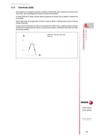 Manual de program a çä o

6.11      Chanfrado (G39)

       Nos trabalhos de usinagem é possível, mediante a função G39, fazer chanfrado de arestas entre
       duas retas, sem necessidade de calcular os pontos de interseção.

       A função G39 não é modal, portanto deverá programar-se sempre que se deseje o chanfrado de
       uma aresta.

       Esta função deve ser programada no bloco no qual se define o deslocamento e que no final se
       deseja arredondar.
       O valor de R5.5 deve estar em todos os casos depois de G39 e indica a distância desde o final de
       deslocamento programado até o ponto no qual se quer realizar o chanfrado. Este valor de R deve
                                                                                                                                     6.
       ser sempre positivo.




                                                                                                            CONTROLE DA TRAJETÓRIA
                                                                                                                                     Chanfrado (G39)
                                                       G90 G01 G39 R15 X35 Y60
                                                       X50 Y0




                                                                                                          CNC 8055
                                                                                                          CNC 8055i



                                                                                                          MODELOS ·M· & ·EN·
                                                                                                            SOFT: V01.3X




                                                                                                                                         ·93·
 