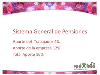 Sistema General de Pensiones 
Aporte del Trabajador 4% 
Aporte de la empresa 12% 
Total Aporte 16% 
 
