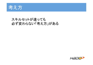 考え方	
スキルセットが違っても	
必ず変わらない「考え方」がある	
 