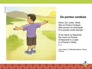 RodvalMatias
Os pontos cardeais
Norte, Sul, Leste, Oeste
São os Pontos Cardeais
Eles servem na orientação
É só prestar muita atenção
O sol nasce no Nascente
Ele morre no Poente
O Nascente é o Leste
E o Poente o Oeste
[...]
João Collares. CD Ilha dos sonhos. Edições
Paulinas.
 