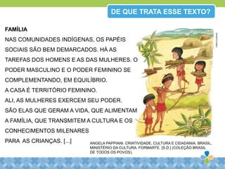 DE QUE TRATA ESSE TEXTO?
ANGELA PAPPIANI. CRIATIVIDADE, CULTURA E CIDADANIA. BRASIL,
MINISTÉRIO DA CULTURA. FORMARTE. [S.D.] (COLEÇÃO BRASIL
DE TODOS OS POVOS).
FABIOEUGENIO
FAMÍLIA
NAS COMUNIDADES INDÍGENAS, OS PAPÉIS
SOCIAIS SÃO BEM DEMARCADOS. HÁ AS
TAREFAS DOS HOMENS E AS DAS MULHERES. O
PODER MASCULINO E O PODER FEMININO SE
COMPLEMENTANDO, EM EQUILÍBRIO.
A CASA É TERRITÓRIO FEMININO.
ALI, AS MULHERES EXERCEM SEU PODER.
SÃO ELAS QUE GERAM A VIDA, QUE ALIMENTAM
A FAMÍLIA, QUE TRANSMITEM A CULTURA E OS
CONHECIMENTOS MILENARES
PARA AS CRIANÇAS. [...]
 