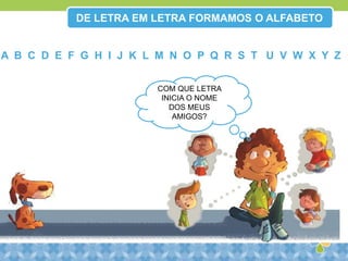 A B C D E F G H I J K L M N O P Q R S T U V W X Y Z
COM QUE LETRA
INICIA O NOME
DOS MEUS
AMIGOS?
DE LETRA EM LETRA FORMAMOS O ALFABETO
 