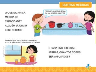 E PARA ENCHER DUAS
JARRAS, QUANTOS COPOS
SERIAM USADOS?
OUTRAS MEDIDAS
O QUE SIGNIFICA
MEDIDA DE
CAPACIDADE?
ALGUÉM JÁ OUVIU
ESSE TERMO?
PRECISO GUARDAR ÁGUA
EM UM DESTES OBJETOS
PARA ENCHER TOTALMENTE A JARRA DE
SUCO, A MÃE DE LIA USOU 5 COPOS CHEIOS.
Ilustrações:VanessaAlexandre
 