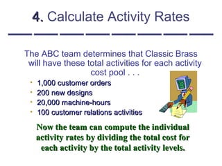 4.4. Calculate Activity Rates
The ABC team determines that Classic Brass
will have these total activities for each activity
cost pool . . .
• 1,000 customer orders1,000 customer orders
• 200 new designs200 new designs
• 20,000 machine-hours20,000 machine-hours
• 100 customer relations activities100 customer relations activities
Now the team can compute the individualNow the team can compute the individual
activity rates by dividing the total cost foractivity rates by dividing the total cost for
each activity by the total activity levels.each activity by the total activity levels.
 