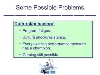Some Possible Problems
Cultural/behavioral
• Program fatigue.
• Culture shock/resistance.
• Every existing performance measure
has a champion.
• Gaming still possible.
Cultural/behavioral
• Program fatigue.
• Culture shock/resistance.
• Every existing performance measure
has a champion.
• Gaming still possible.
 