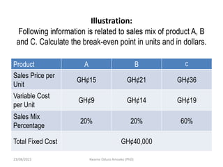 Illustration:
Following information is related to sales mix of product A, B
and C. Calculate the break-even point in units and in dollars.
Product A B C
Sales Price per
Unit
GH¢15 GH¢21 GH¢36
Variable Cost
per Unit
GH¢9 GH¢14 GH¢19
Sales Mix
Percentage
20% 20% 60%
Total Fixed Cost GH¢40,000
23/08/2023 Kwame Oduro Amoako (PhD)
 