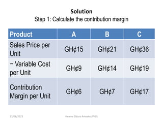 Solution
Step 1: Calculate the contribution margin
Product A B C
Sales Price per
Unit
GH¢15 GH¢21 GH¢36
− Variable Cost
per Unit
GH¢9 GH¢14 GH¢19
Contribution
Margin per Unit
GH¢6 GH¢7 GH¢17
23/08/2023 Kwame Oduro Amoako (PhD)
 