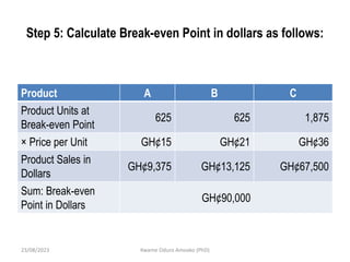 Step 5: Calculate Break-even Point in dollars as follows:
Product A B C
Product Units at
Break-even Point
625 625 1,875
× Price per Unit GH¢15 GH¢21 GH¢36
Product Sales in
Dollars
GH¢9,375 GH¢13,125 GH¢67,500
Sum: Break-even
Point in Dollars
GH¢90,000
23/08/2023 Kwame Oduro Amoako (PhD)
 
