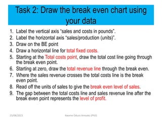 Task 2: Draw the break even chart using
your data
1. Label the vertical axis “sales and costs in pounds”.
2. Label the horizontal axis “sales/production (units)”.
3. Draw on the BE point
4. Draw a horizontal line for total fixed costs.
5. Starting at the Total costs point, draw the total cost line going through
the break even point.
6. Starting at zero, draw the total revenue line through the break even.
7. Where the sales revenue crosses the total costs line is the break
even point.
8. Read off the units of sales to give the break even level of sales.
9. The gap between the total costs line and sales revenue line after the
break even point represents the level of profit.
Kwame Oduro Amoako (PhD)
23/08/2023
 