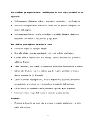 15
Las mediciones que se pueden obtener con la implantación de un tablero de control son las
siguientes:
 Medidas externas relacionadas a clientes, proveedores, inversionistas y entes financieros.
 Medidas de desempeño interno relacionadas con las áreas, los procesos de negocio y los
recursos de la empresa.
 Medidas de control interno, medidas que reflejan los resultados históricos e indicadores
relacionados con el futuro a corto, mediano y largo plazo.
Procedimiento para implantar un tablero de control:
 Elaborar un diagnóstico estratégico integral.
 Desarrollar el plan estratégico estableciendo criterios de medición e indicadores.
 Capacitar a toda la empresa acerca de la estrategia, objetivo, funcionamiento y beneficios
del tablero de control.
 Alinear horizontal y verticalmente los objetivos de las diferentes áreas dentro de la empresa.
 Enfocar a los directivos y sus colaboradores hacia los objetivos estratégicos a través de
sistemas de evaluación del desempeño.
 Alinear los sistemas de compensación, procesos de planeación, ejecución y presupuestas
reconocimientos e incentivos con el desempeño en la realización de la estrategia.
 Utilizar matrices de contribución crítica para alinear y priorizar Kpi´s de procesos.
 Sincronizar metas a lo largo de la cadena de suministro y cadena de valor.
Beneficios:
 Determina la alineación que existe entre la empresa, su situación en el entorno y la visión y
misión de la empresa.
 