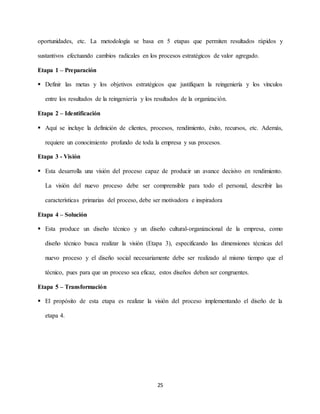 25
oportunidades, etc. La metodología se basa en 5 etapas que permiten resultados rápidos y
sustantivos efectuando cambios radicales en los procesos estratégicos de valor agregado.
Etapa 1 – Preparación
 Definir las metas y los objetivos estratégicos que justifiquen la reingeniería y los vínculos
entre los resultados de la reingeniería y los resultados de la organización.
Etapa 2 – Identificación
 Aquí se incluye la definición de clientes, procesos, rendimiento, éxito, recursos, etc. Además,
requiere un conocimiento profundo de toda la empresa y sus procesos.
Etapa 3 - Visión
 Esta desarrolla una visión del proceso capaz de producir un avance decisivo en rendimiento.
La visión del nuevo proceso debe ser comprensible para todo el personal, describir las
características primarias del proceso, debe ser motivadora e inspiradora
Etapa 4 – Solución
 Esta produce un diseño técnico y un diseño cultural-organizacional de la empresa, como
diseño técnico busca realizar la visión (Etapa 3), especificando las dimensiones técnicas del
nuevo proceso y el diseño social necesariamente debe ser realizado al mismo tiempo que el
técnico, pues para que un proceso sea eficaz, estos diseños deben ser congruentes.
Etapa 5 – Transformación
 El propósito de esta etapa es realizar la visión del proceso implementando el diseño de la
etapa 4.
 