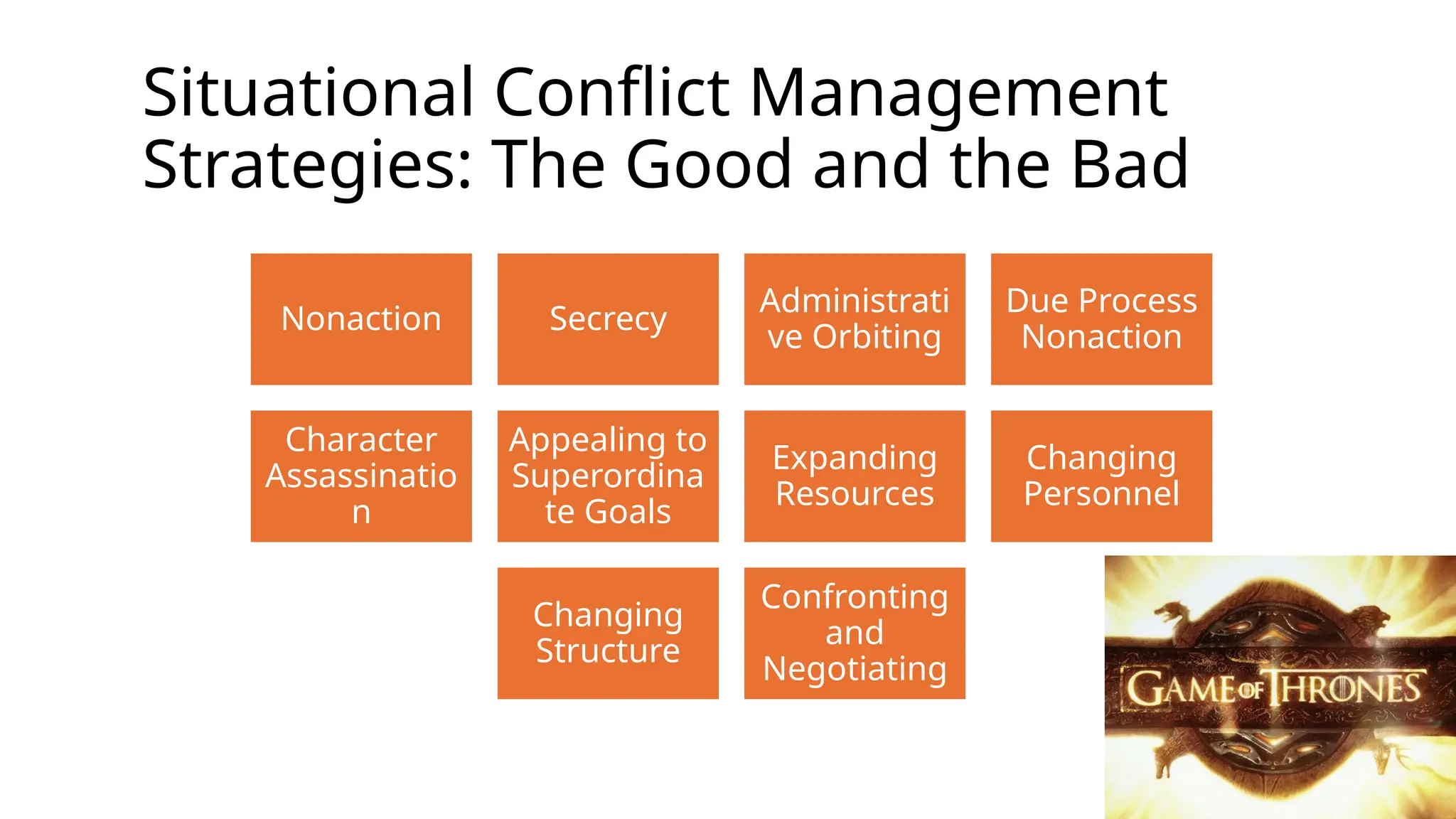 Situational Conflict Management
Strategies: The Good and the Bad
Nonaction Secrecy
Administrati
ve Orbiting
Due Process
Nonaction
Character
Assassinatio
n
Appealing to
Superordina
te Goals
Expanding
Resources
Changing
Personnel
Changing
Structure
Confronting
and
Negotiating
 