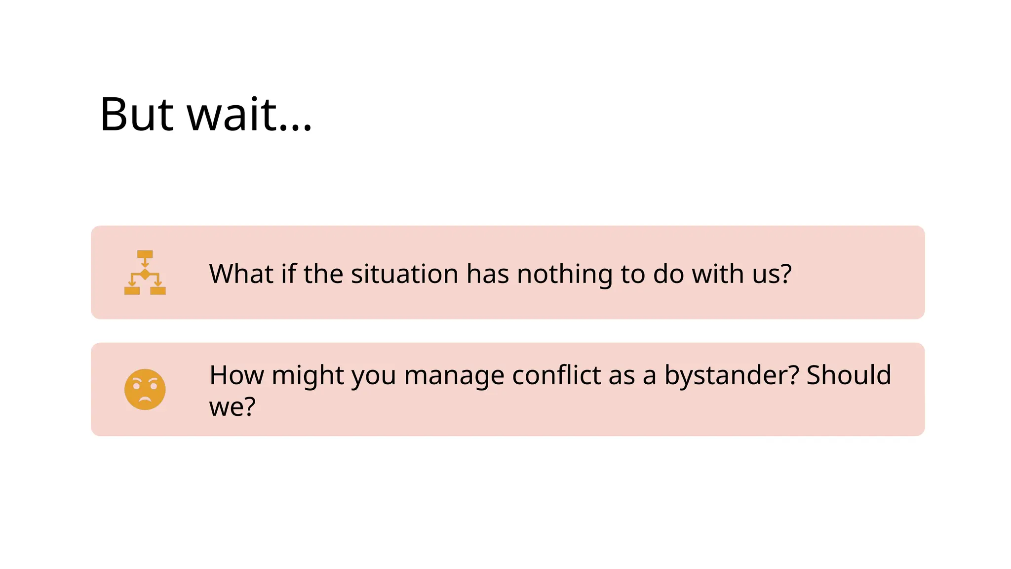 But wait…
What if the situation has nothing to do with us?
How might you manage conflict as a bystander? Should
we?
 