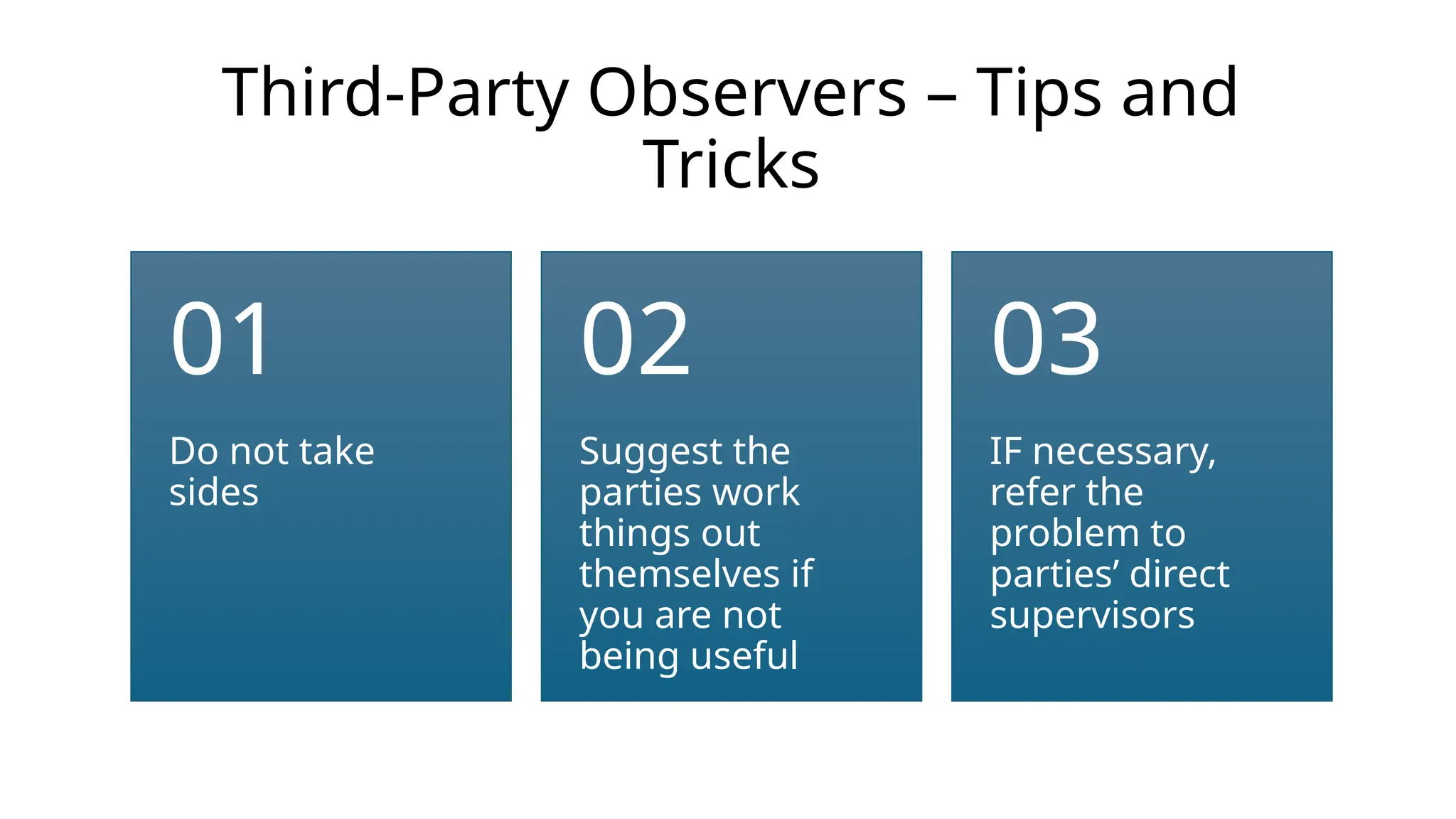 Third-Party Observers – Tips and
Tricks
Do not take
sides
01
Suggest the
parties work
things out
themselves if
you are not
being useful
02
IF necessary,
refer the
problem to
parties’ direct
supervisors
03
 