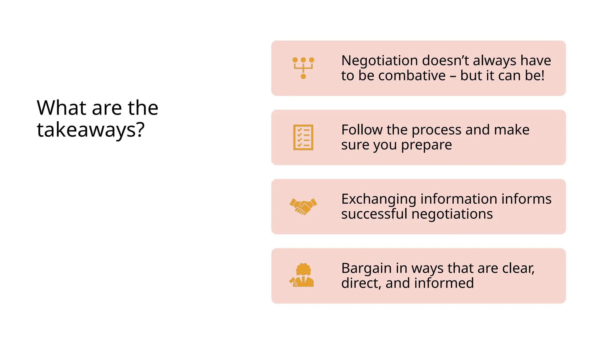 What are the
takeaways?
Negotiation doesn’t always have
to be combative – but it can be!
Follow the process and make
sure you prepare
Exchanging information informs
successful negotiations
Bargain in ways that are clear,
direct, and informed
 
