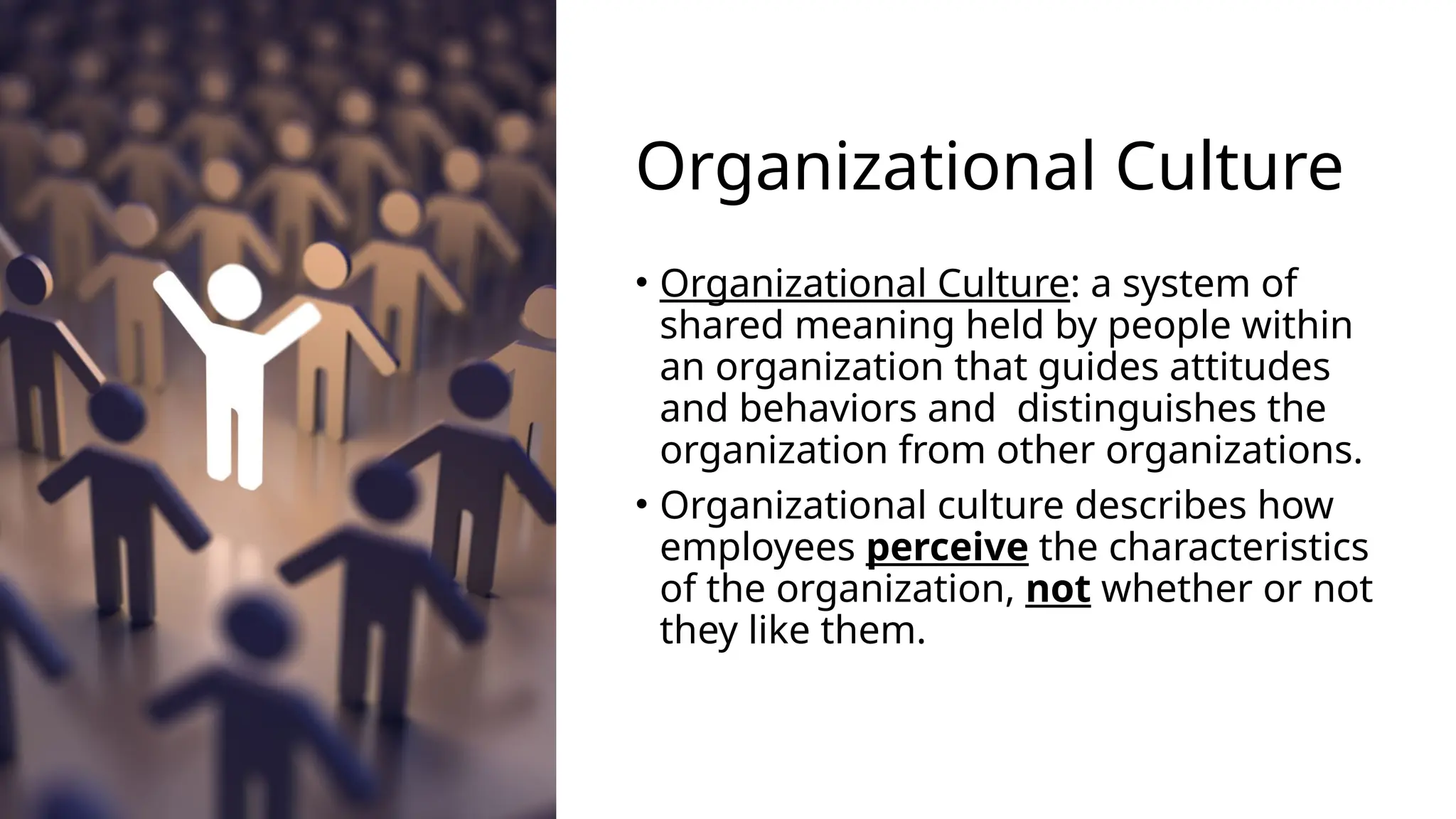 Organizational Culture
• Organizational Culture: a system of
shared meaning held by people within
an organization that guides attitudes
and behaviors and distinguishes the
organization from other organizations.
• Organizational culture describes how
employees perceive the characteristics
of the organization, not whether or not
they like them.
 