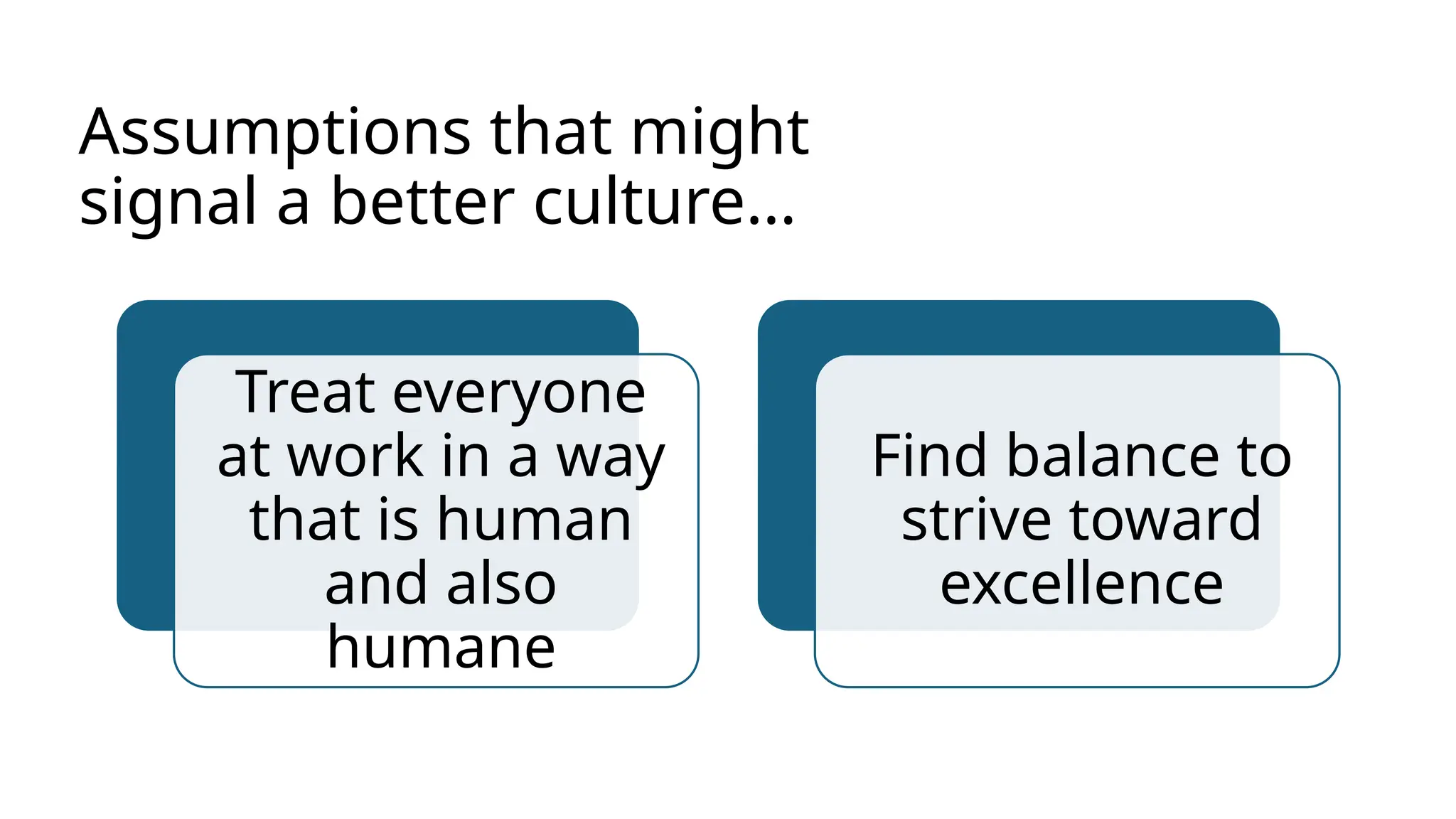 Assumptions that might
signal a better culture…
Treat everyone
at work in a way
that is human
and also
humane
Find balance to
strive toward
excellence
 