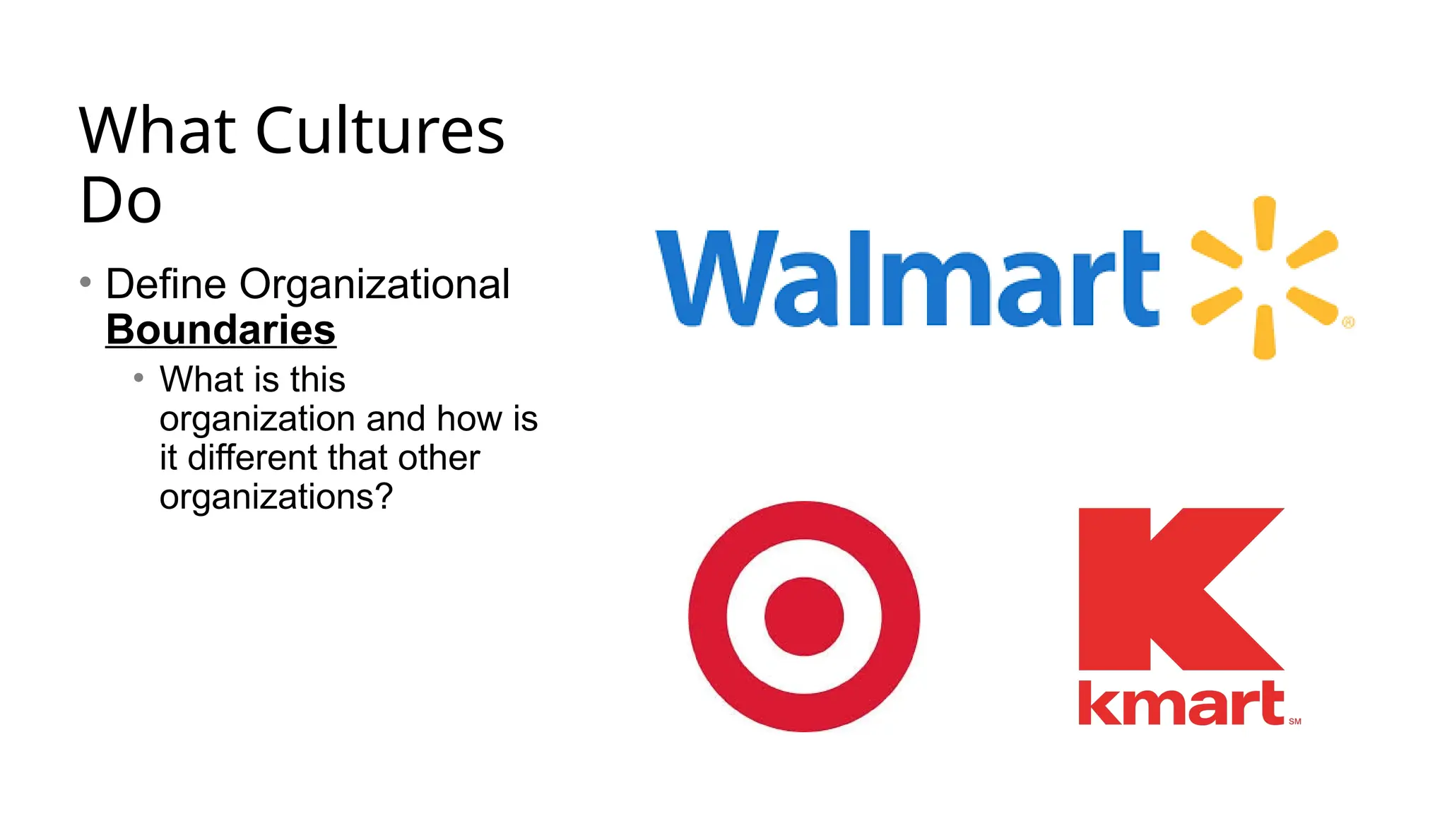 What Cultures
Do
• Define Organizational
Boundaries
• What is this
organization and how is
it different that other
organizations?
 