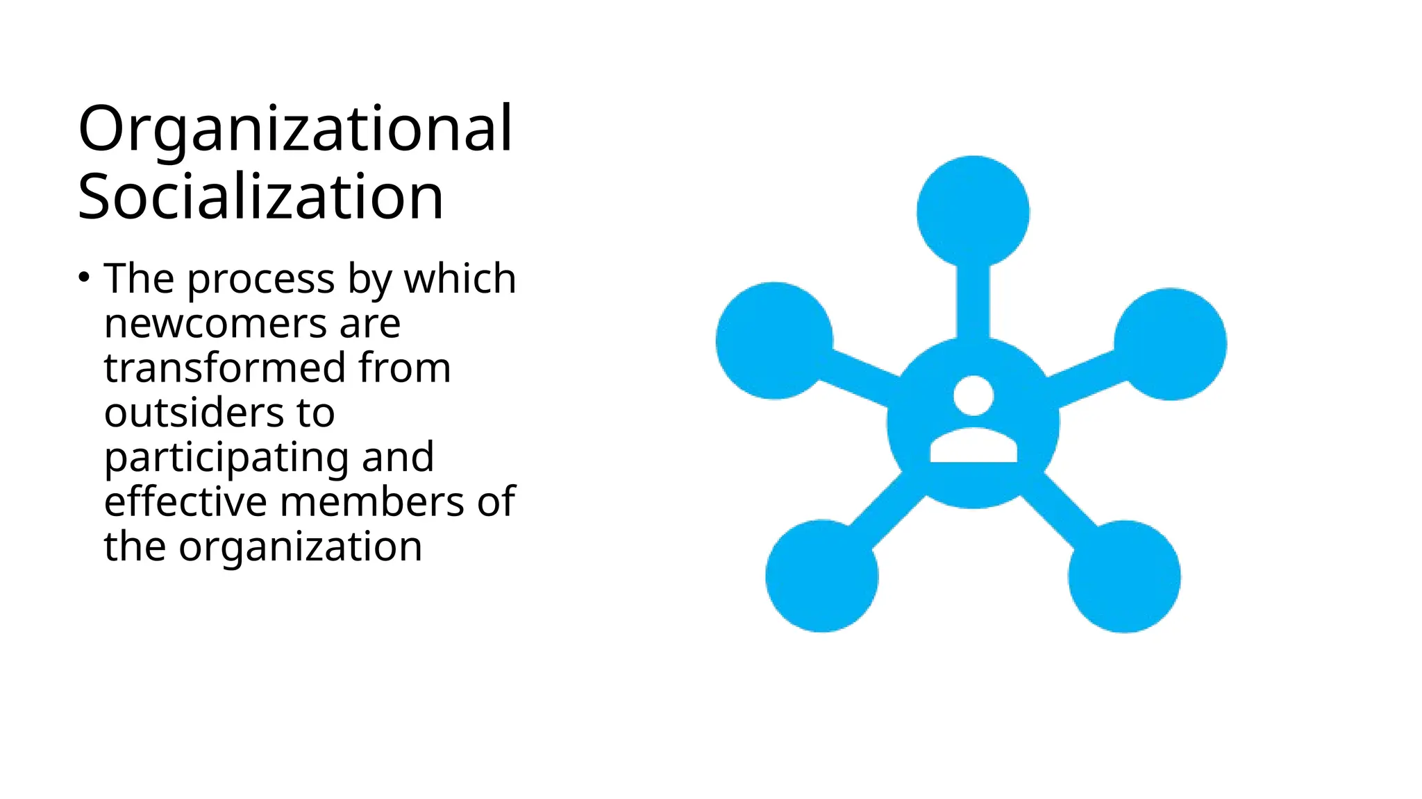 Organizational
Socialization
• The process by which
newcomers are
transformed from
outsiders to
participating and
effective members of
the organization
 