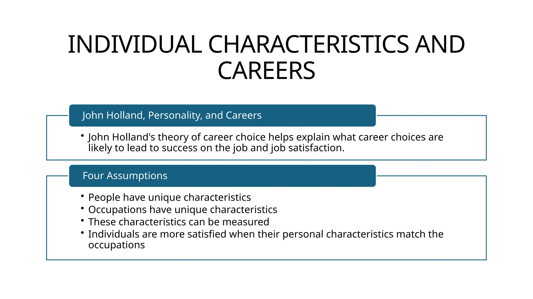 INDIVIDUAL CHARACTERISTICS AND
CAREERS
• John Holland's theory of career choice helps explain what career choices are
likely to lead to success on the job and job satisfaction.
John Holland, Personality, and Careers
• People have unique characteristics
• Occupations have unique characteristics
• These characteristics can be measured
• Individuals are more satisfied when their personal characteristics match the
occupations
Four Assumptions
 