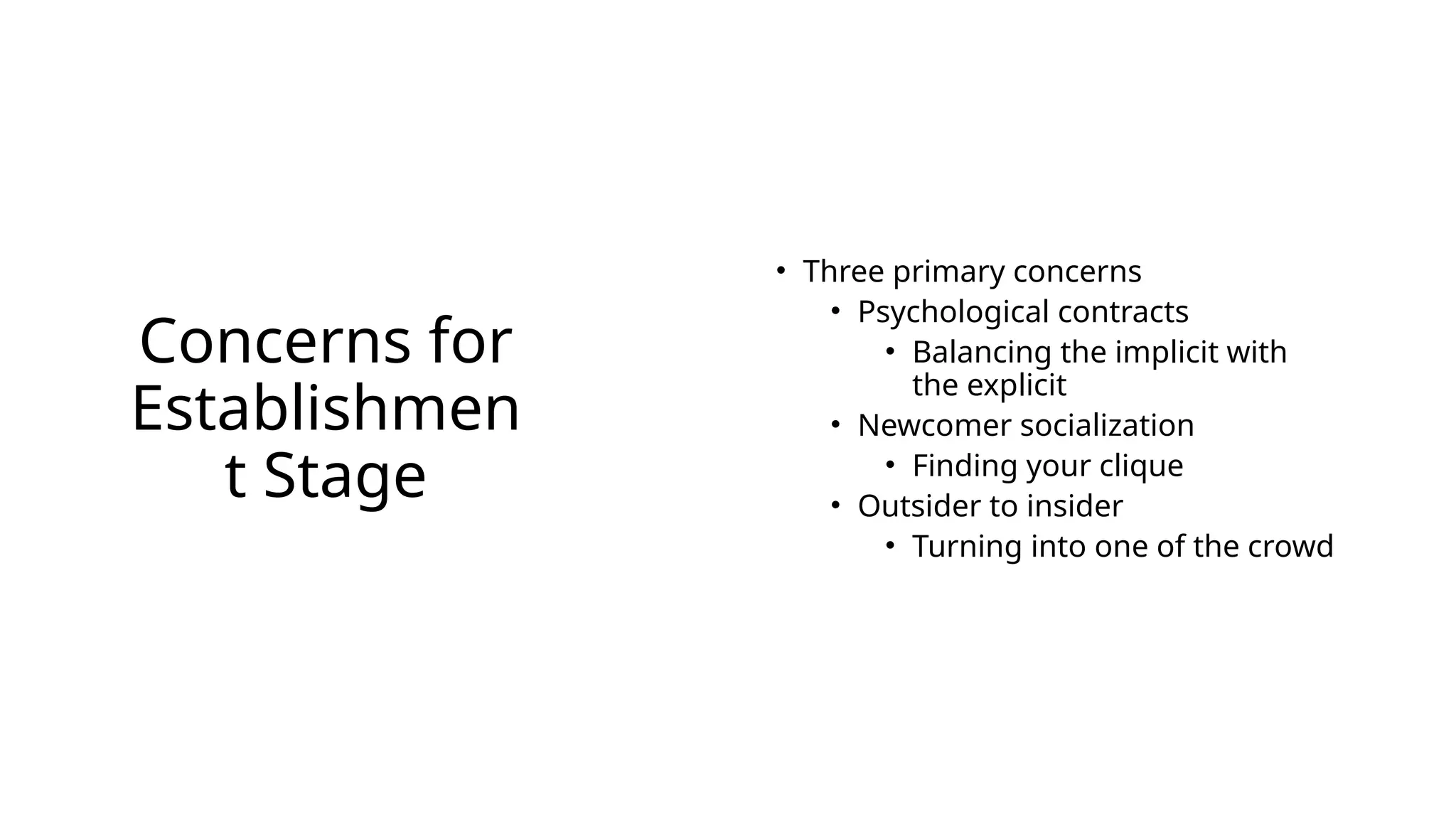 Concerns for
Establishmen
t Stage
• Three primary concerns
• Psychological contracts
• Balancing the implicit with
the explicit
• Newcomer socialization
• Finding your clique
• Outsider to insider
• Turning into one of the crowd
 