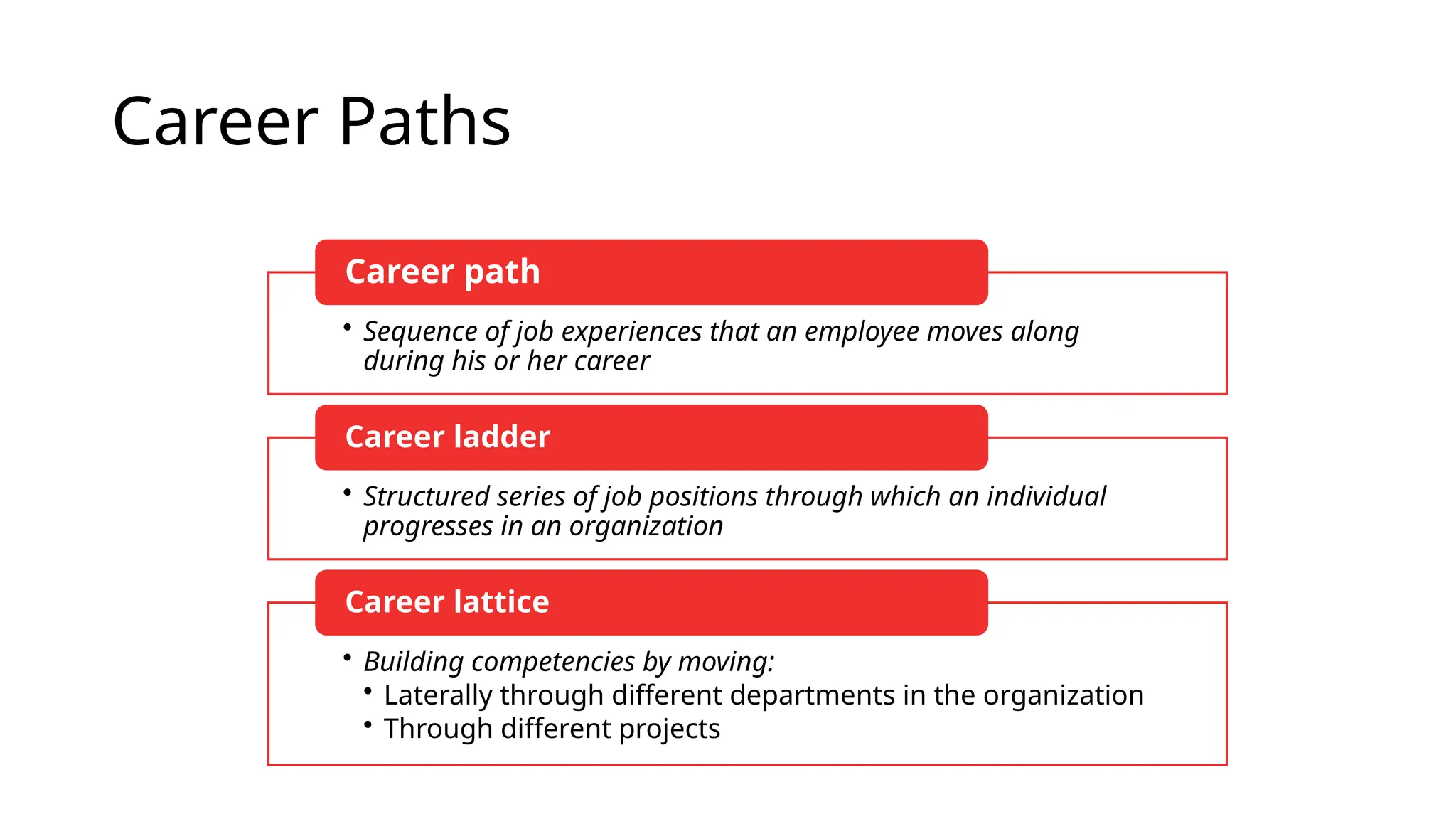 Career Paths
• Sequence of job experiences that an employee moves along
during his or her career
Career path
• Structured series of job positions through which an individual
progresses in an organization
Career ladder
• Building competencies by moving:
• Laterally through different departments in the organization
• Through different projects
Career lattice
 