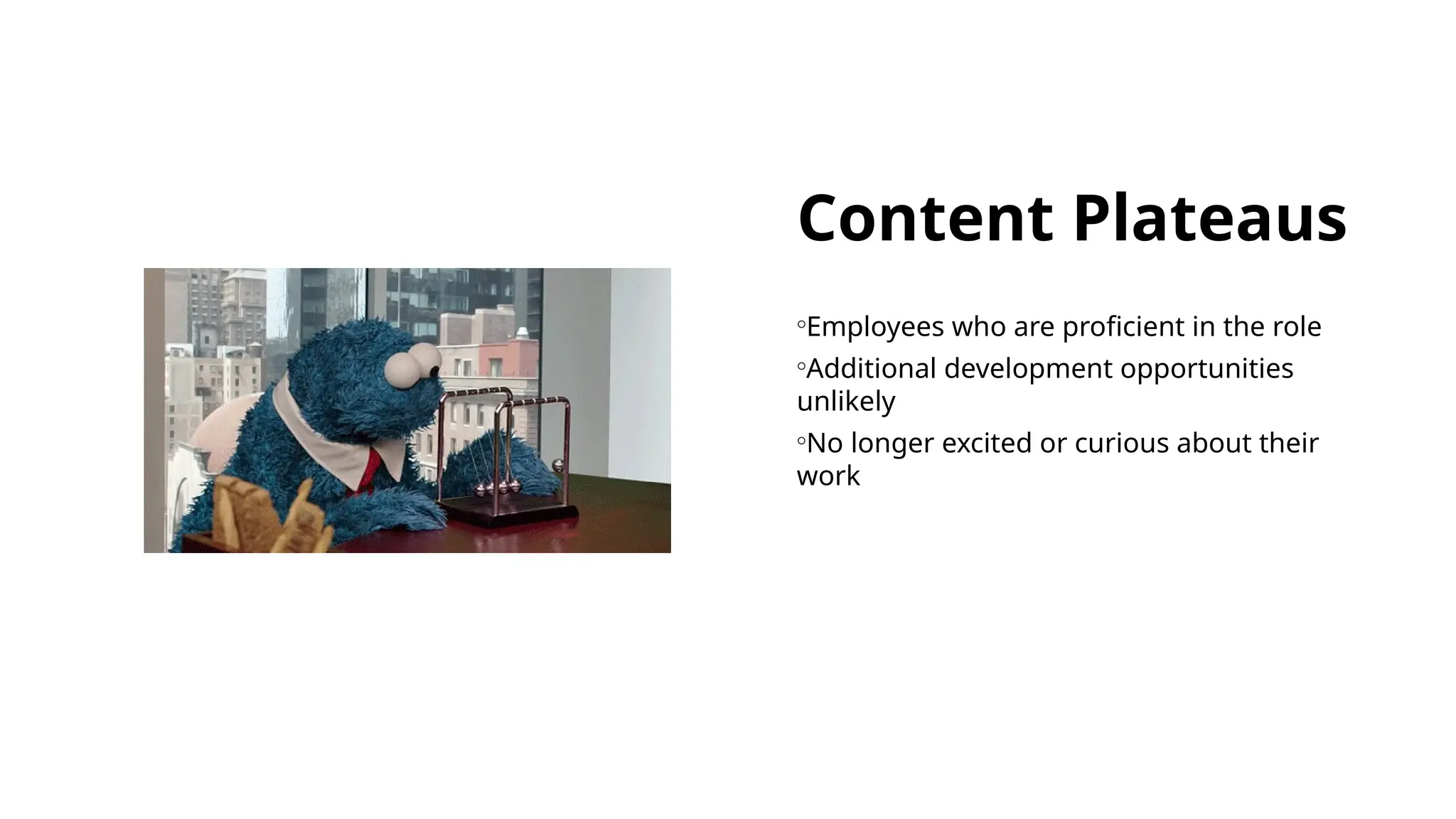 Content Plateaus
◦Employees who are proficient in the role
◦Additional development opportunities
unlikely
◦No longer excited or curious about their
work
 