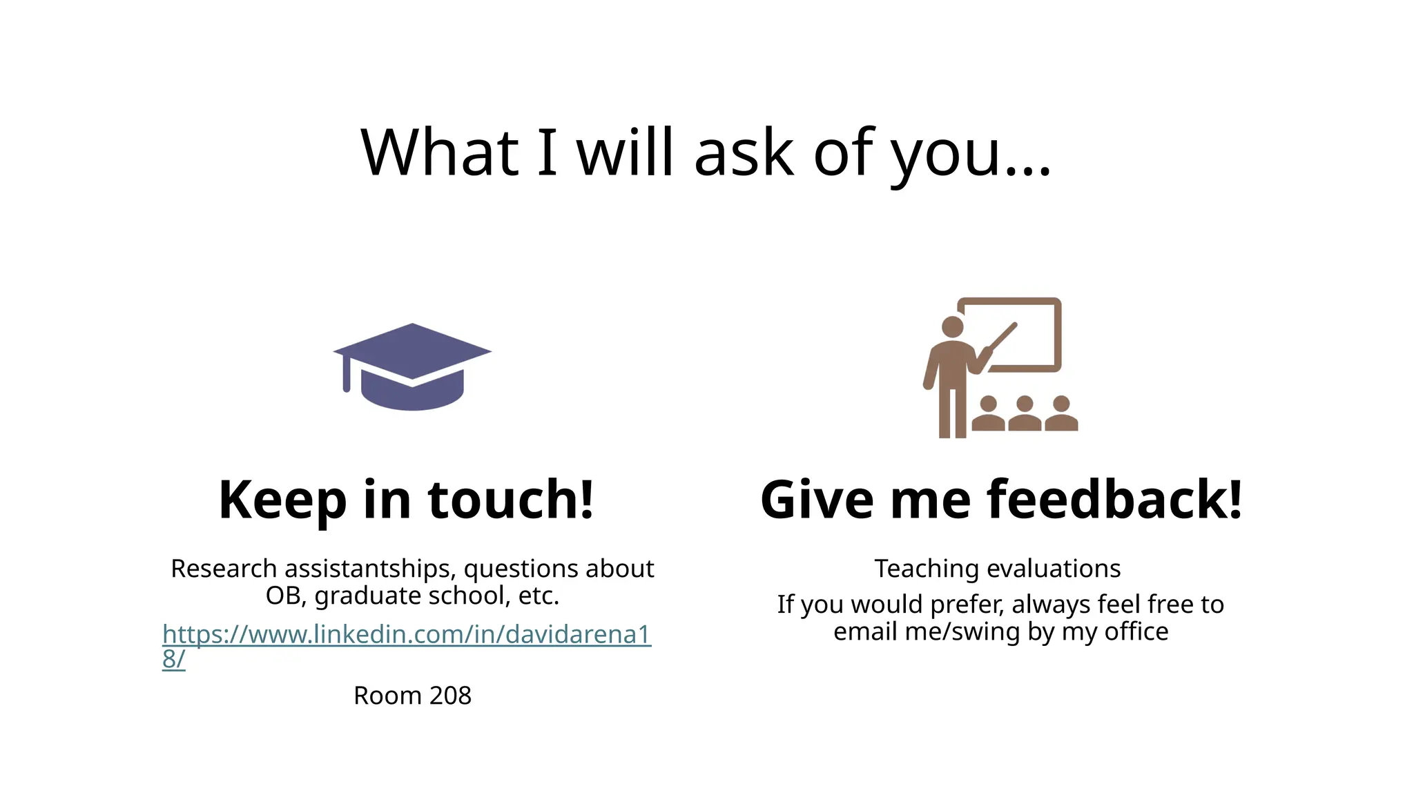 What I will ask of you…
Keep in touch!
Research assistantships, questions about
OB, graduate school, etc.
https://www.linkedin.com/in/davidarena1
8/
Room 208
Give me feedback!
Teaching evaluations
If you would prefer, always feel free to
email me/swing by my office
 