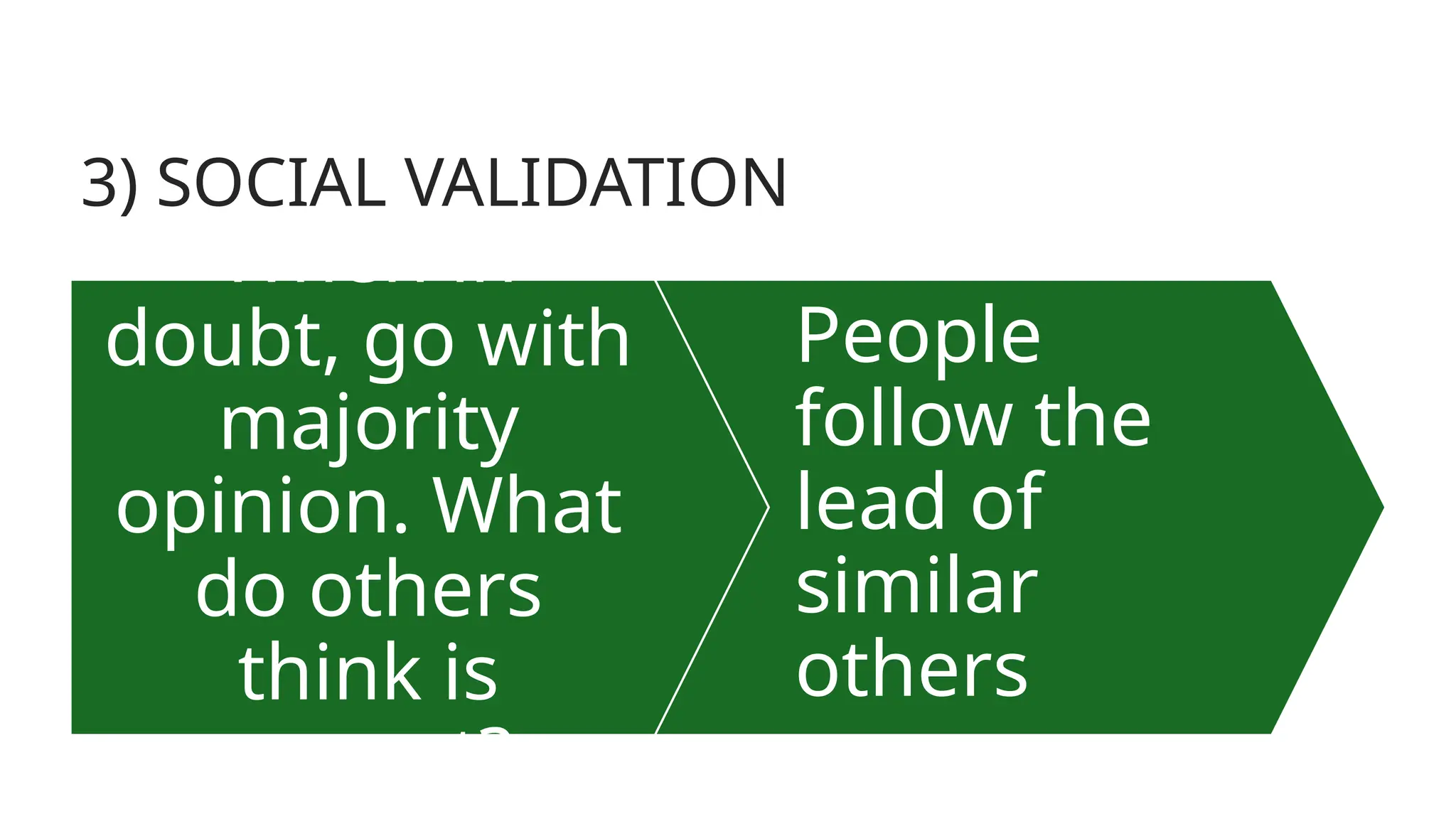 3) SOCIAL VALIDATION
When in
doubt, go with
majority
opinion. What
do others
think is
correct?
People
follow the
lead of
similar
others
• Salting the tip
 