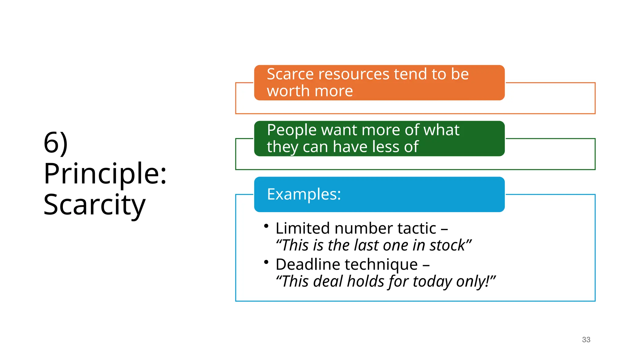 6)
Principle:
Scarcity
33
Scarce resources tend to be
worth more
People want more of what
they can have less of
• Limited number tactic –
“This is the last one in stock”
• Deadline technique –
“This deal holds for today only!”
Examples:
 