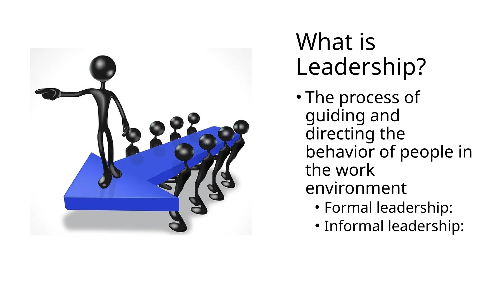 What is
Leadership?
• The process of
guiding and
directing the
behavior of people in
the work
environment
• Formal leadership:
• Informal leadership:
 