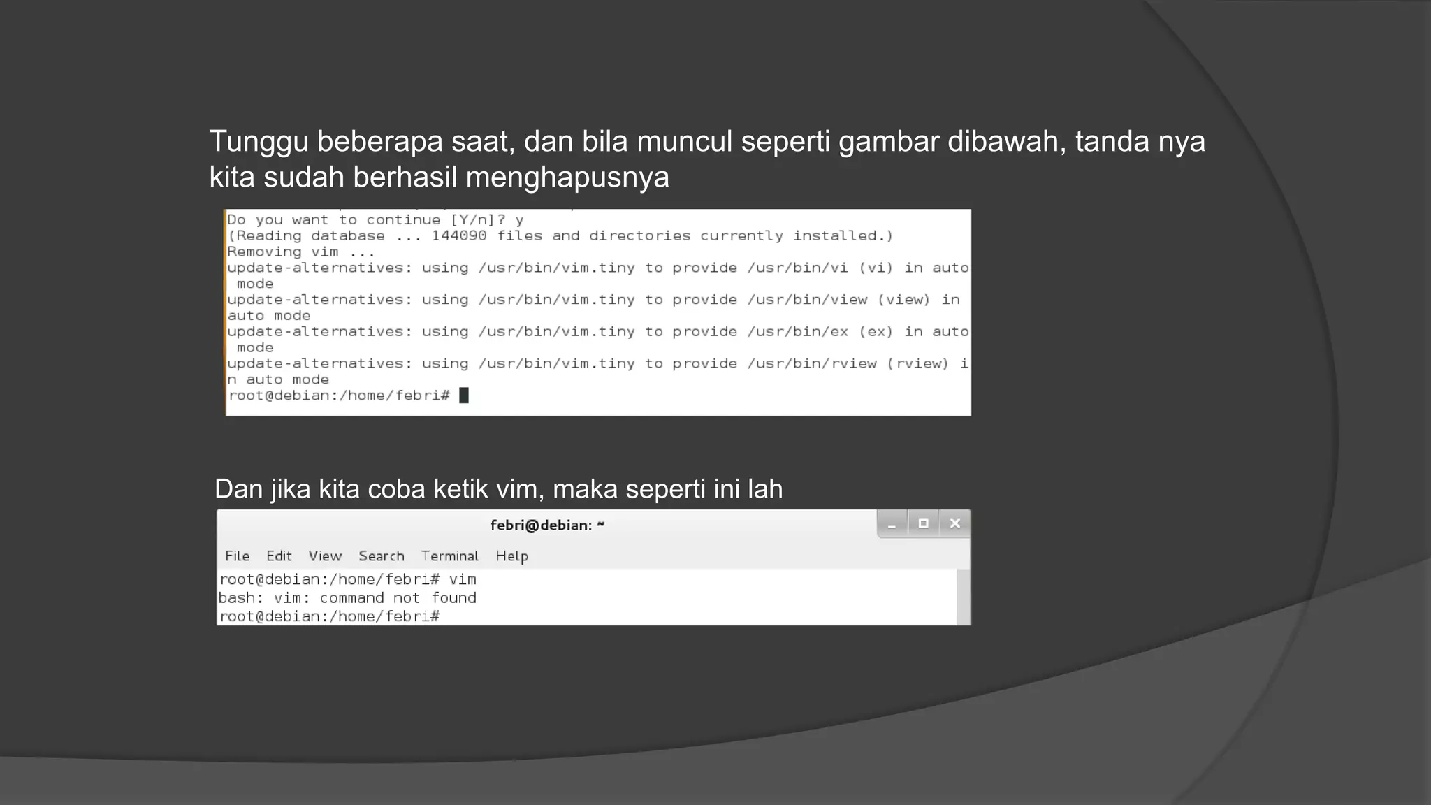 Tunggu beberapa saat, dan bila muncul seperti gambar dibawah, tanda nya
kita sudah berhasil menghapusnya
Dan jika kita coba ketik vim, maka seperti ini lah
 