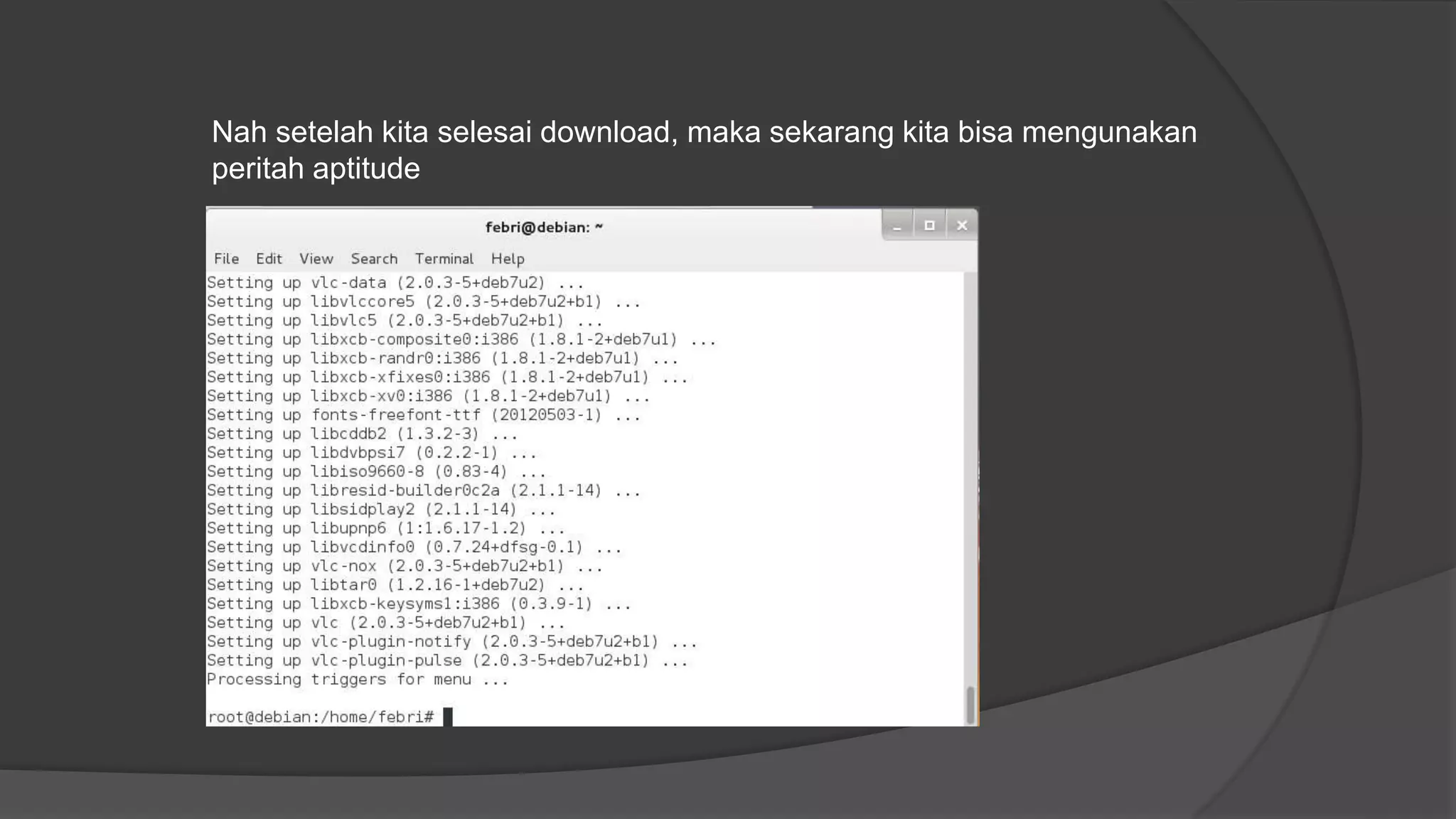 Nah setelah kita selesai download, maka sekarang kita bisa mengunakan
peritah aptitude
 