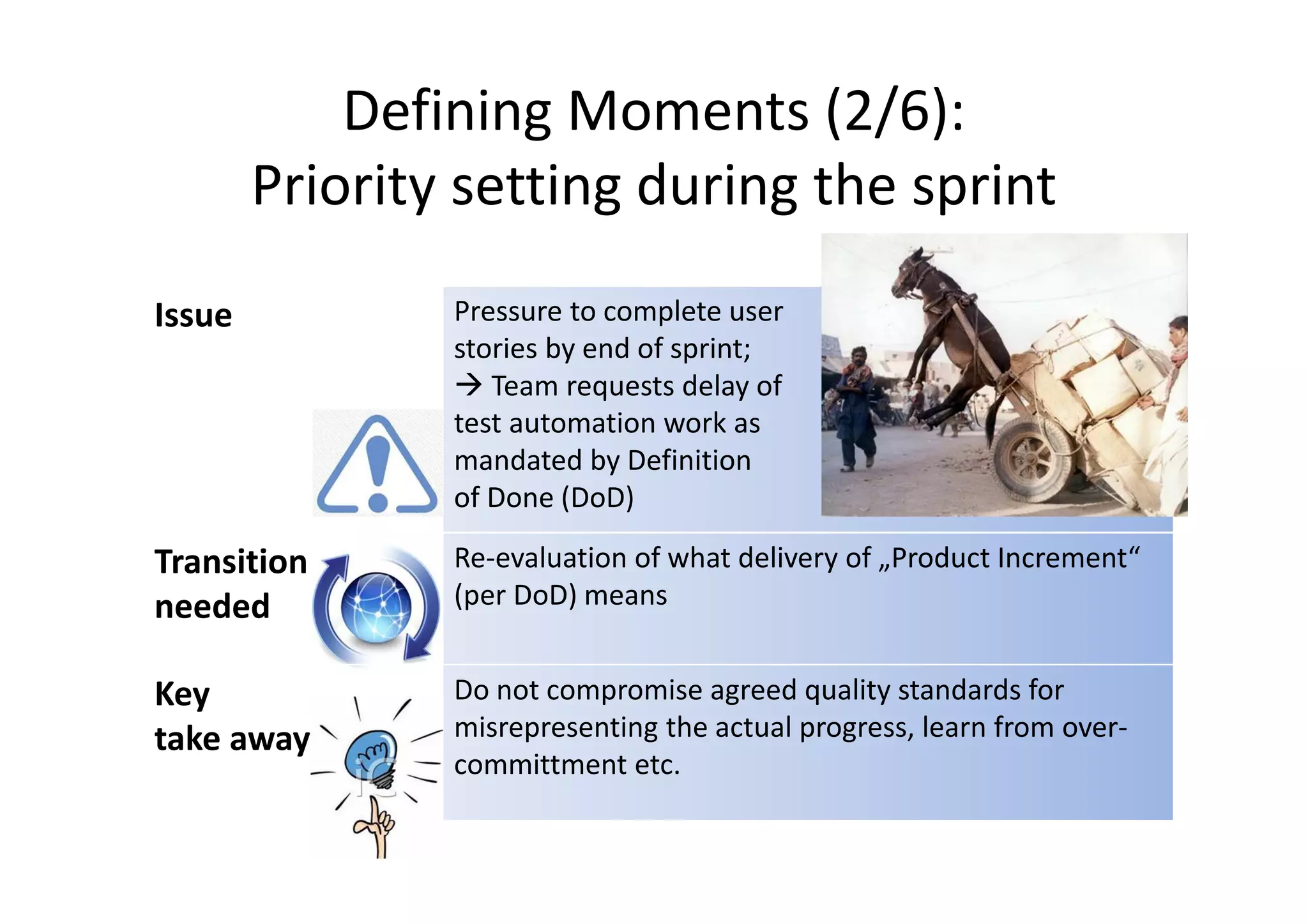 Defining Moments (2/6):
        Priority setting during the sprint
Issue           Pressure to complete user
                stories by end of sprint;
                   Team requests delay of
                test automation work as
                mandated by Definition
                of Done (DoD)

Transition      Re-evaluation of what delivery of „Product Increment“
needed          (per DoD) means


Key             Do not compromise agreed quality standards for
take away       misrepresenting the actual progress, learn from over-
                committment etc.
 
