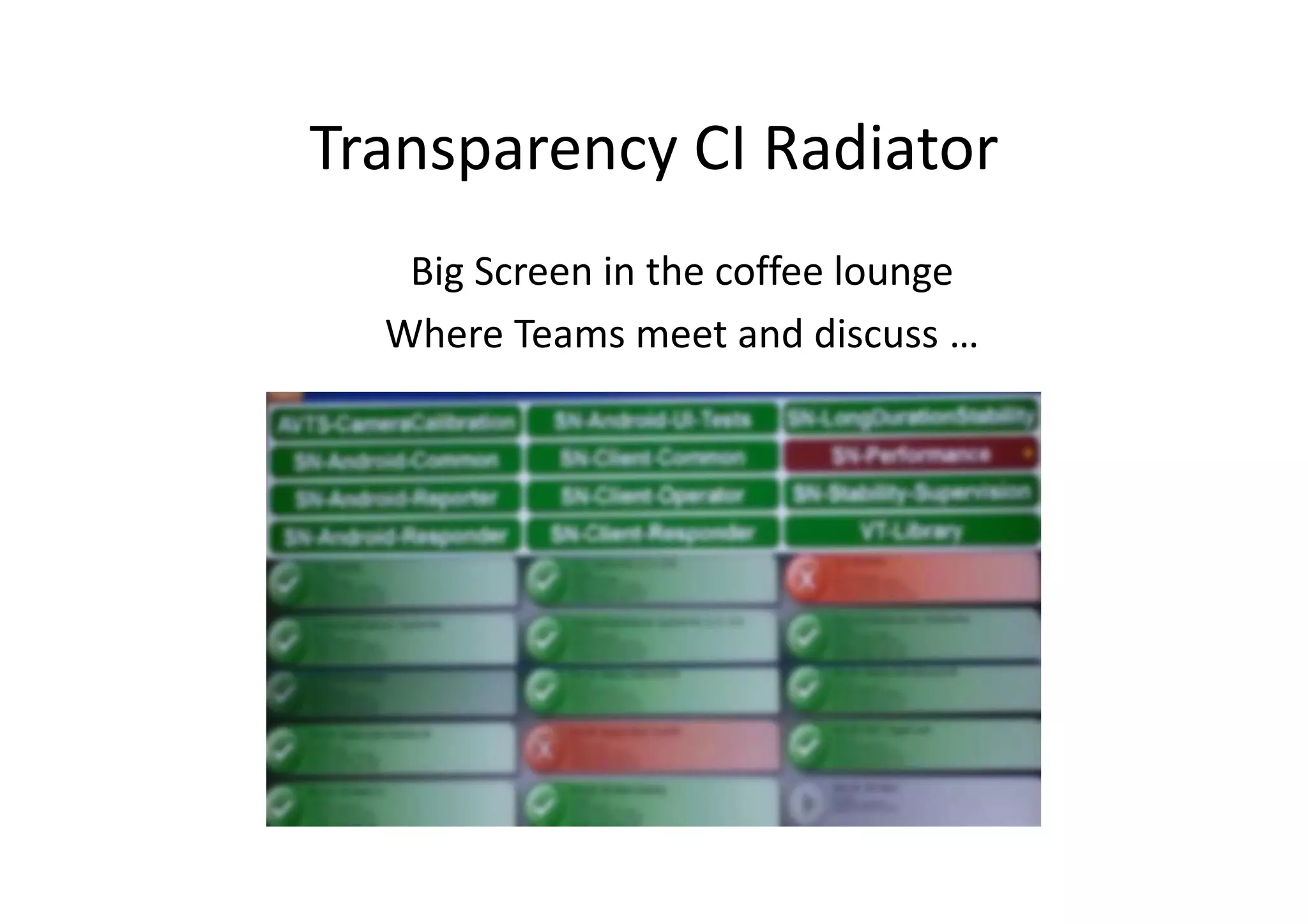 Transparency CI Radiator
   Big Screen in the coffee lounge
  Where Teams meet and discuss …
 
