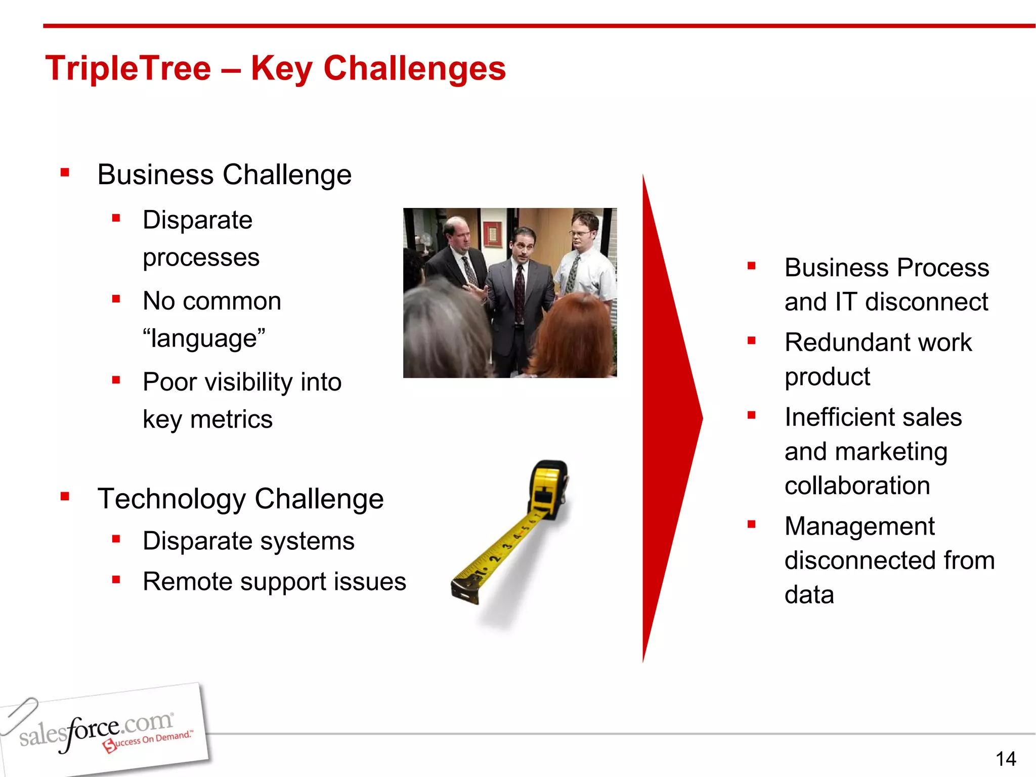 TripleTree – Key Challenges  Technology Challenge Disparate systems Remote support issues Business Process and IT disconnect Redundant work product Inefficient sales and marketing collaboration Management disconnected from data Business Challenge Disparate processes No common “language” Poor visibility into key metrics 