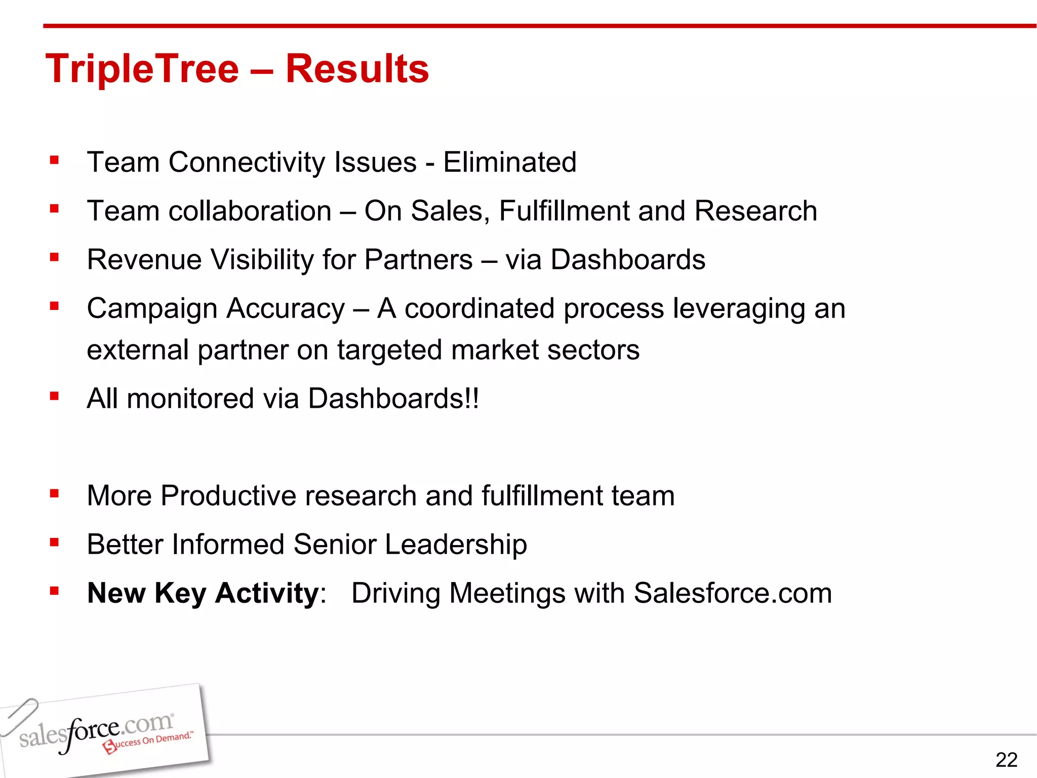 TripleTree – Results  Team Connectivity Issues - Eliminated Team collaboration – On Sales, Fulfillment and Research Revenue Visibility for Partners – via Dashboards Campaign Accuracy – A coordinated process leveraging an external partner on targeted market sectors All monitored via Dashboards!! More Productive research and fulfillment team Better Informed Senior Leadership New Key Activity :  Driving Meetings with Salesforce.com 