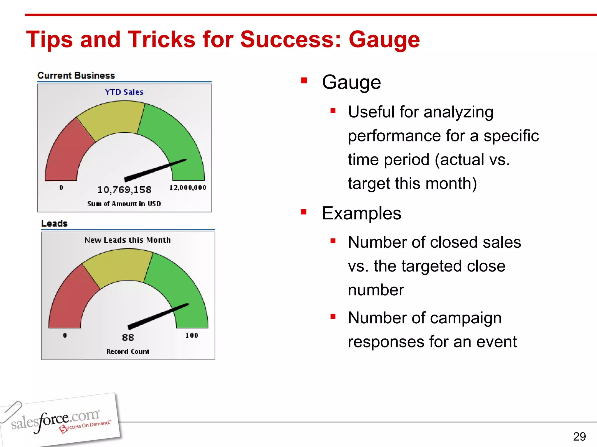 Tips and Tricks for Success: Gauge Gauge Useful for analyzing performance for a specific time period (actual vs. target this month) Examples Number of closed sales vs. the targeted close number Number of campaign responses for an event 