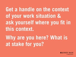 Get a handle on the context
of your work situation &
ask yourself where you fit in
this context.
Why are you here? What is
at stake for you?
 