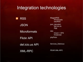 Integration technologies RSS JSON Microformats Flickr API del.icio.us API XML-RPC MagpieRSS PhotoCasts GeoRSS json_decode() del.icio.us digg hKit hCard + XFN hCalendar phpFlickr Services_Delicious PEAR XML-RPC 