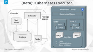 @higrys, @sprzedwojskiGDG DevFest Warsaw 2018
(Beta): Kubernetes Executor
Controller
Web
server
RDBMS
DAGs
Scheduler
Kubernetes Cluster
Node 1 Node 2
Pod
Sync files
● Git Init
● Persistent Volume
● Baked-in (future)
Package
as pods
Kubernetes Master
DAGs DAGs
Pod
Pod
Pod
 