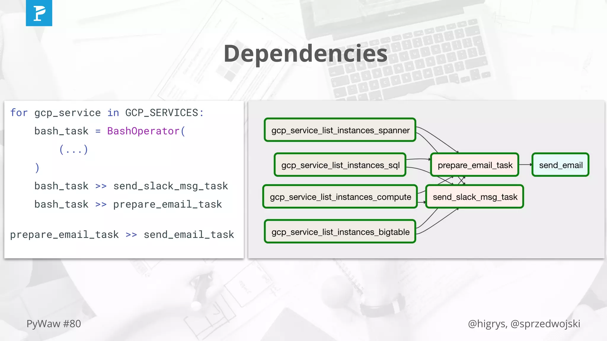@higrys, @sprzedwojskiPyWaw #80
Dependencies
for gcp_service in GCP_SERVICES:
bash_task = BashOperator(
(...)
)
bash_task >> send_slack_msg_task
bash_task >> prepare_email_task
prepare_email_task >> send_email_task
 