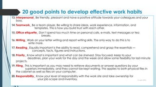 20 good points to develop effective work habits
13. Interpersonal_ Be friendly, pleasant and have a positive attitude towards your colleagues and your
boss.
14. Teamwork_ Be a team player. Be willing to share ideas, work experience, information, and
templates. This is how you build trust with each other.
15. Office etiquette_ Don’t spend too much time on personal calls, e-mails, text messages or tea
breaks.
16. Writing_ Work on your letter writing and report writing skills. The only way to do this is to
write more.
17. Reading_ Equally important is the ability to read, comprehend and grasp the essentials —
concepts, facts, figures and instructions.
18. Priority_ Know what is important and what can be shelved. Stay focused, keep to your
deadlines, plan your work for the day and the week and allow some flexibility for last-minute
projects.
19. Filing_ This is important as you may need to retrieve documents or answer questions by your
superiors immediately, and they cannot be kept waiting. This applies to both physical files in
the cabinet as well as files on your computer.
20. Responsibility_ Know your level of responsibility with the work site and take ownership for
your job scope and inventory. 10 April 2022
 
