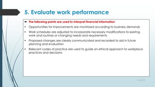 5. Evaluate work performance
 The following points are used to interpret financial information
 Opportunities for improvements are monitored according to business demands
 Work schedules are adjusted to incorporate necessary modifications to existing
work and routines or changing needs and requirements
 Proposed changes are clearly communicated and recorded to aid in future
planning and evaluation
 Relevant codes of practice are used to guide an ethical approach to workplace
practices and decisions
10 April 2022
 