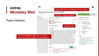 extras
Mendeley Web
statistical data
export PDF and / or reference to the Library
link to the publisher page and / or search
other resources sharing on social networks
sharing in social networks
Papers database
 
